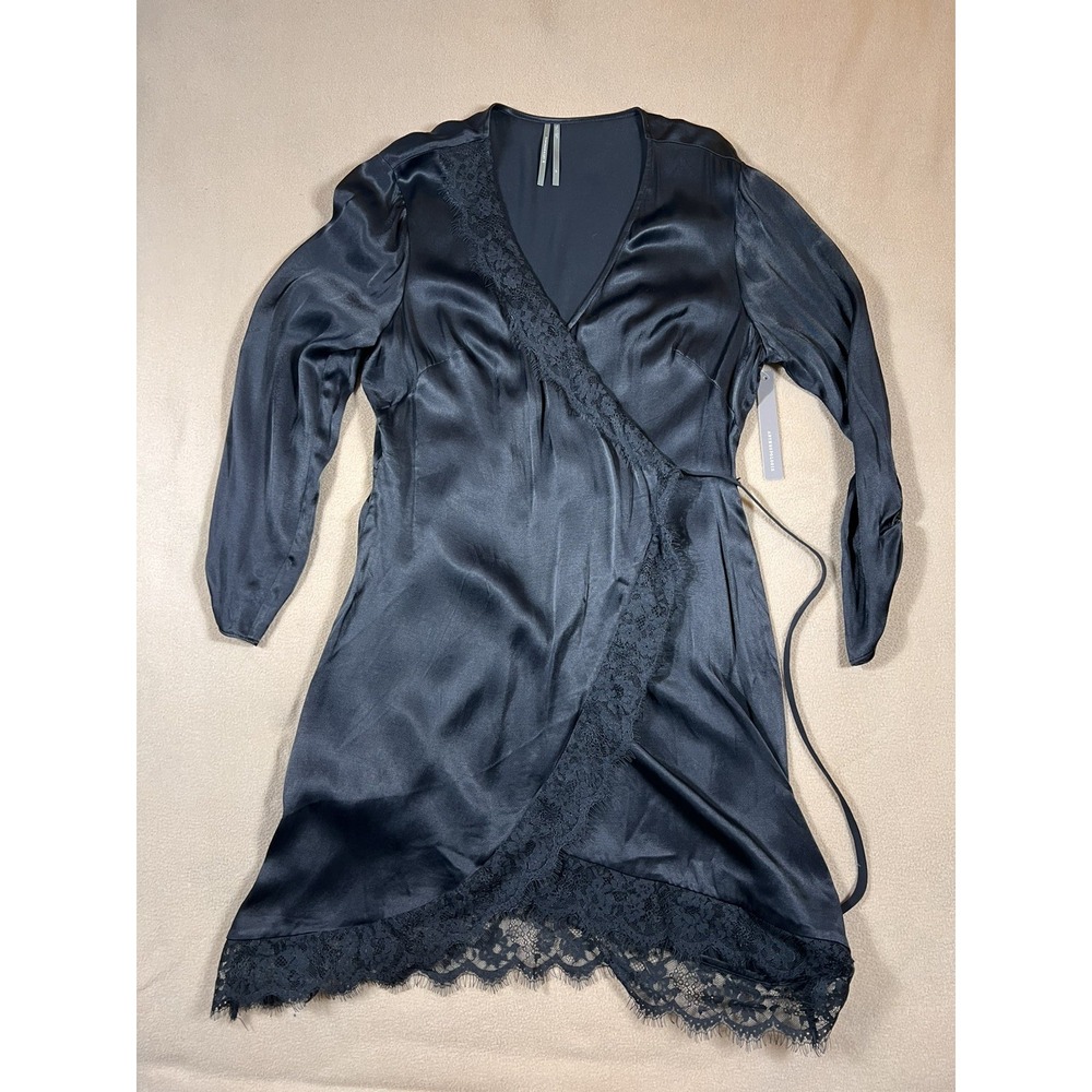 Anthropologie Black Satin Lace Wrap Dress Petite Large LP NWT Silky